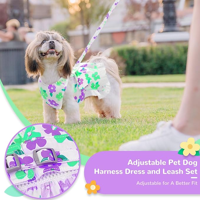 ABRRLO Dog Harness Dress Leash Set for Small Dog Summer Clothes Girl Female Puppy Cats Outfits Cute Floral Bowknot Princess Birthday Dress for Extra Small Pet Doggie Kitten Outfits Apparel(Green,S)
