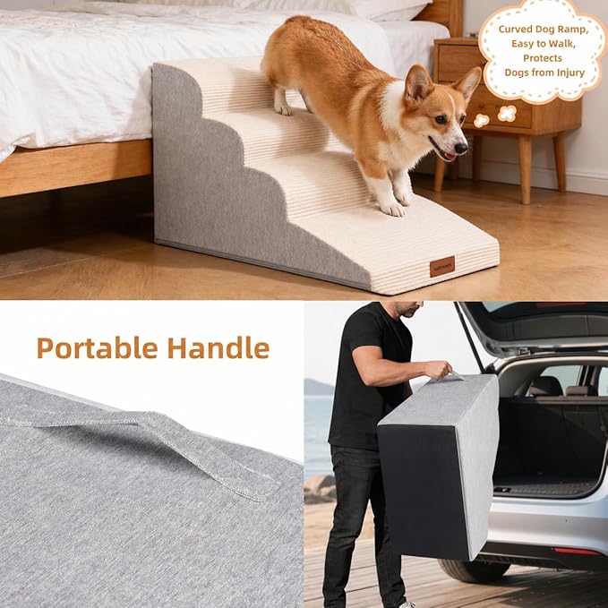 Dog Stairs for Small Dogs and Cats, 19.7" H, 4-Step Curved Pet Ramp for Beds or Couches, Non-Slip Medium Pet Steps with High Density Foam, Beige