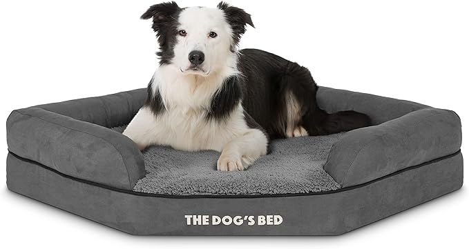 The Dog’s Bed Orthopedic Memory Foam Corner Dog Bed, Calming Surface – CertiPUR-Certified Foam, Plush Fabric, Grey Plush, Large