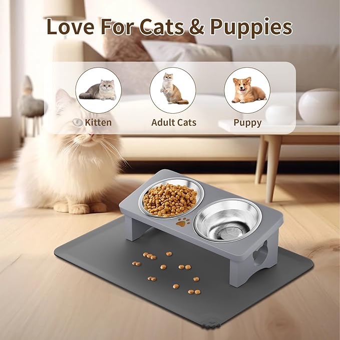 Elevated Cat Bowls with Silicone Mat, 15° Tilted Solid Wood Stand, Raised Stainless Steel Food & Water Dishes for Cats and Small Dogs, Anti-Vomiting Design(Slate Grey)