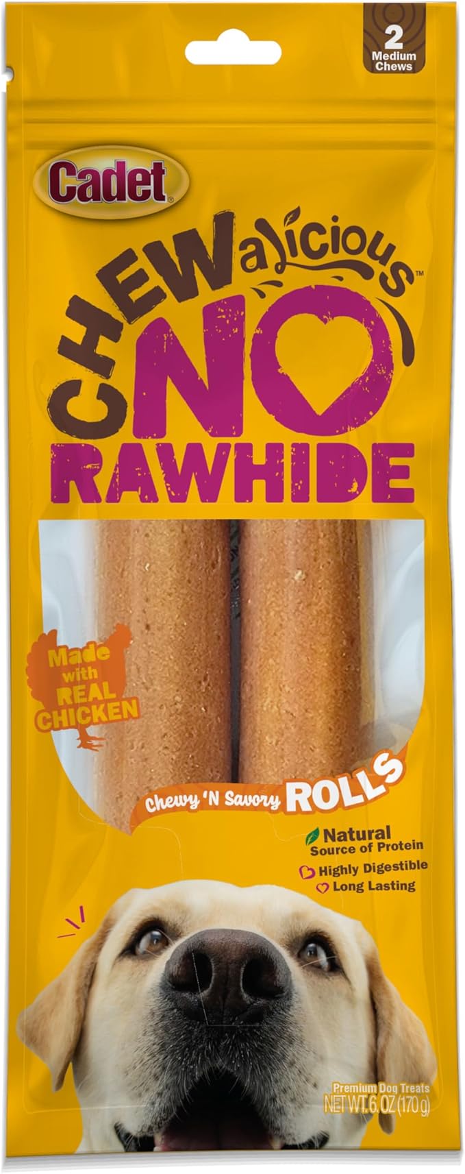 Cadet Chewalicious Chewy 'N Savory Rolls with Real Chicken, Rawhide-Free Healthy Dog Chews, Limited-Ingredient Dog Treats & Long-Lasting Chew Treats for Dogs, Chicken Flavor, 2 Pack