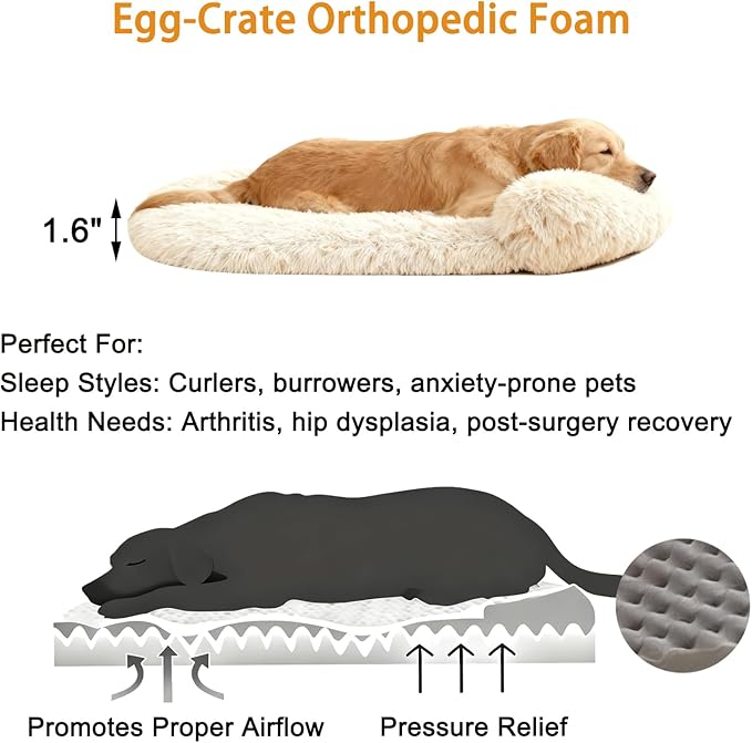 Calming Dog Beds for Medium Large Dogs, Orthopedic Cushion Plush Dogs Lounge Couch Sofa with Washable Removable Cover, Anti-Anxiety Soft Faux Fur Fits up to 40 lbs Pets (Oval, Beige 32"x24")