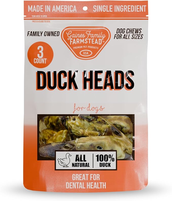 Gaines Family Farmstead Duck Heads for Dogs – 3 Count, Single Ingredient, Dehydrated Dog Chews – High in Protein, Supports Dental Health & Joint Care – Rawhide-Free Treats, Made in USA