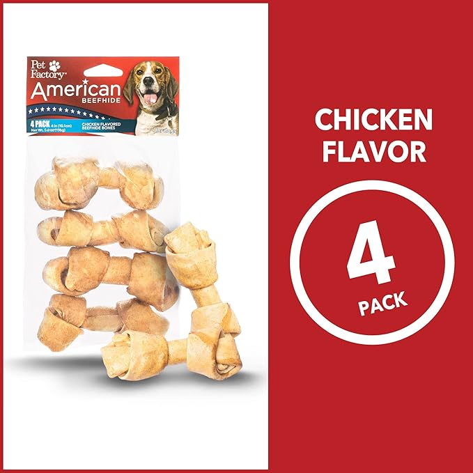 Pet Factory American Beefhide 4-5" Knotted Bones Dog Chew Treats - Chicken Flavor, 4 Count/1 Pack