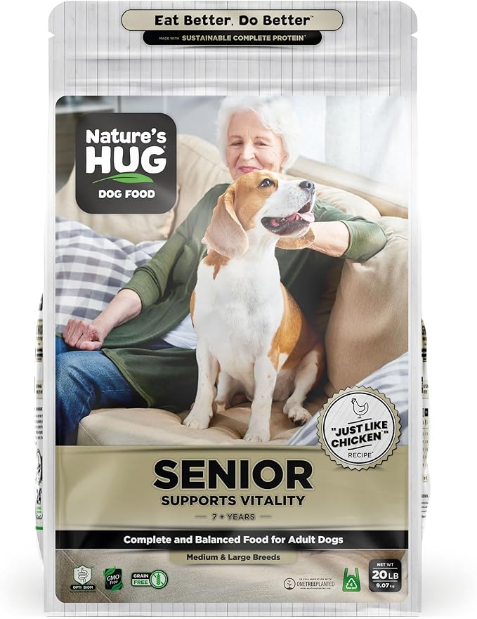 Nature's HUG Dry Dog Food, for Senior-Medium & Large Breeds, 20 lb. Bag, Chicken Flavor Plant-Based Protein Kibble, Grain-Free, Allergen-Free, Complete Protein & Balanced Nutrition