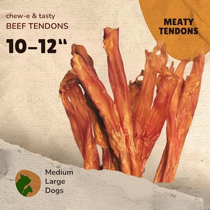 chew-e&tasty Beef Tendon Chews for Dogs (10-12 Inch, 5 Pack), All Natural Rawhide Free Dog Chews, Long Lasting w/Chondroitin & Glucosamine, Dental Health for Small, Medium, Large