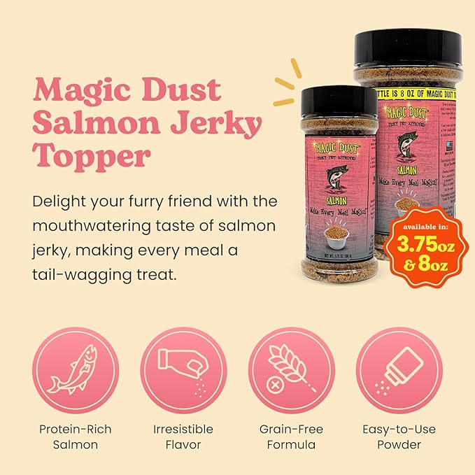 Wild Meadow Farms - Magic Dust Salmon Jerky Topper, Single Protein Pet Food Topper for Dogs & Cats, Enhance Flavor & Elevate Mealtime Excitement for Picky Eaters - 8 Ounce Bottle in Salmon Flavor