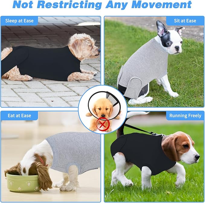2 Packs Breathable Cotton Dog Recovery Suit for After Neuter Spay Abdominal Wounds Protector, Professional Anti-Licking Onesies for Male Female Pets Surgery Bandages, XL Black Grey Pure
