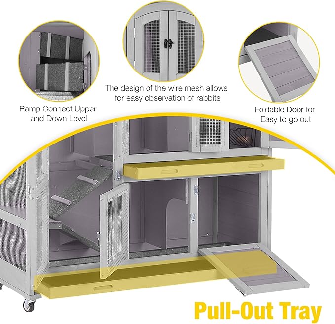 AIVITUVIN Rabbit Hutch Indoor Rabbit Cage Outdoor Two Story Bunny Cage Bunny Hutch Pull Out Tray Guinea Pig Cage on Wheel