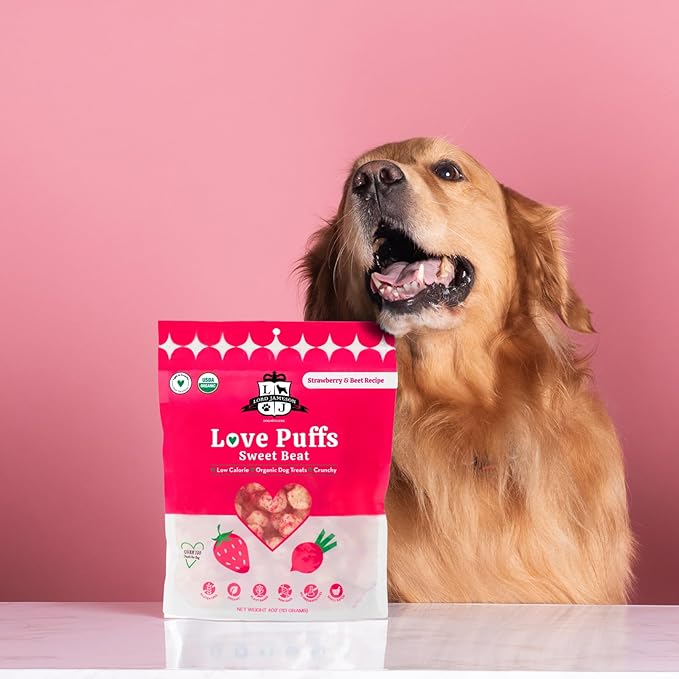 Lord Jameson Sweet Beat Light & Crunchy Love Puffs - Strawberry & Beet - Dog Treats, Low-Calorie, Low-Sugar, Gluten & Preservative-Free, USDA Certified Organic - Made In USA 4 oz