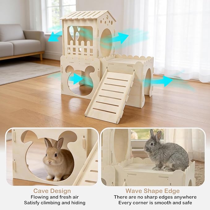 Extra Large Rabbit Castle, Wooden Bunny House &,Detachable Rabbit Hideaway, Indoor Hamster Castle with Ramp, Small Animal Houses & Habitats for Guinea Pig Chinchilla Ferret(3 House)