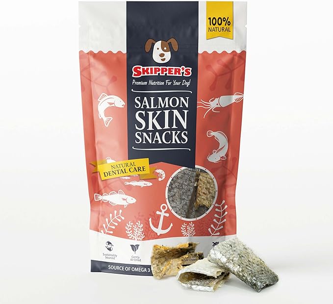 SKIPPER'S Salmon Skin Snacks Dog Treats - Gently Air Dried 100% Salmon Skin Chews, Great for Cleaning Teeth, Essential Omega 3 Oil, Hypoallergenic, Wheat & Gluten Free Fish Treat for Dogs | (3.52 Oz)