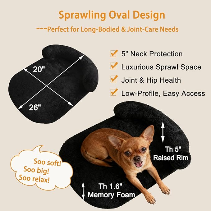 Calming Dog & Cat Beds for Small Medium Dogs Cats, Anti-Anxiety Plush Pets Lounge Couch Sofa Orthopedic Cushion, Soft Fluffy Faux Fur Washable, Fits up to 25 lbs Pets (Oval, Black 26"x20")