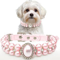 KUDES Small Dog Cat Big Pearl Collars with Crystal Rhinestone Diamond Décor, Adjustable Cute Fashion Pet PU Leather Necklace for Wedding Birthday Party (Pink, M((10"-12.5") for Small Dogs)