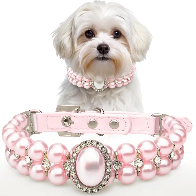 KUDES Small Dog Cat Big Pearl Collars with Crystal Rhinestone Diamond Décor, Adjustable Cute Fashion Pet PU Leather Necklace for Wedding Birthday Party (Pink, M((10"-12.5") for Small Dogs)