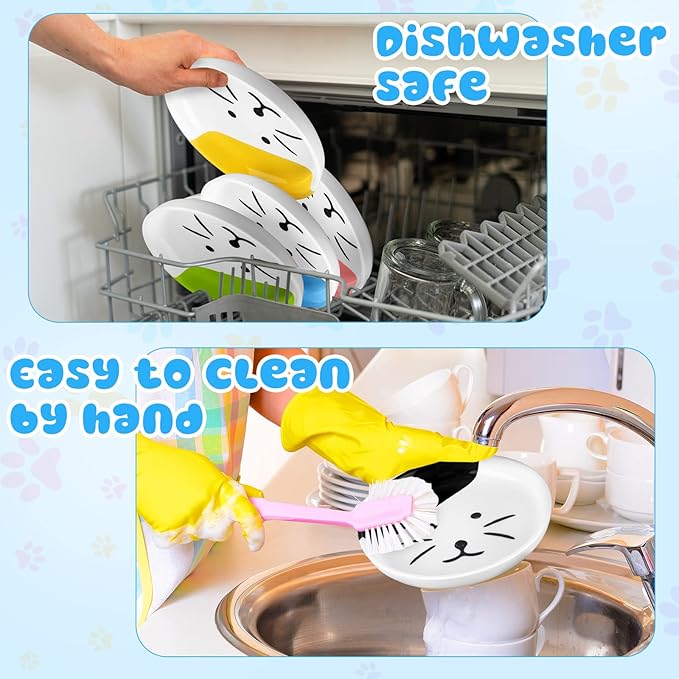 Hillban 5 Pcs Ceramic Cat Food Plate Set, 6'' Shallow Cat Food Dish Cute Nonslip Flat Wide Bowl Colorful Small Feeding Bowls for Indoor Puppy, Dishwasher Safe