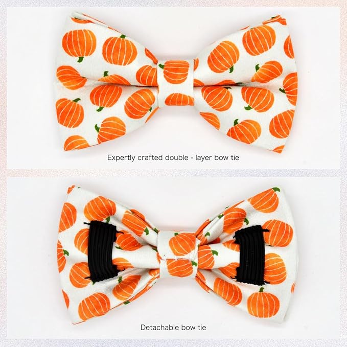 Cat Collar Bow Set, Halloween Orange Pumpkin, Wedding/Birthday Breakaway Collar Bowtie for Kitten/Cat