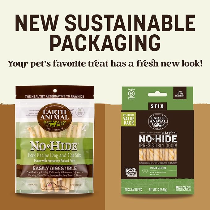 Earth Animal No Hide Stix - Long Lasting Rawhide Free Small Dog Chews Sticks, Pork - 80 Count Extra Value Pack