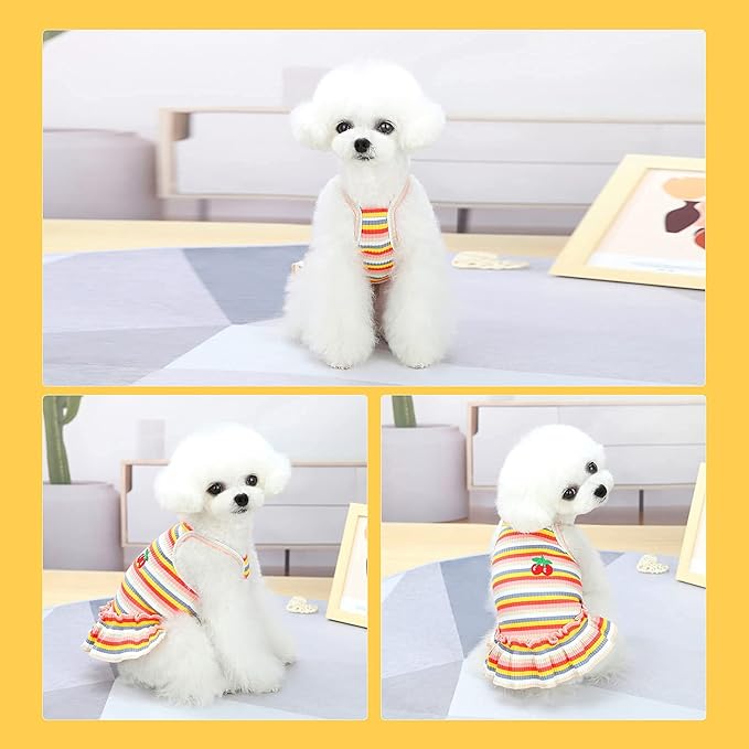 Cute Dog Dress for Small Dogs Girl Birthday Puppy Clothes Spring Summer Dog Outfits Rainbow Colorful Striped Cherry Princess Pet Tutu Skirt Doggie Cat Chihuahua Yorkies Dresses