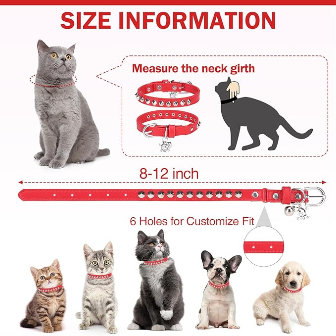 Leather Cat Collars for Boy Girl Cats with Bell and Safety Elastic Belt, Personalized Rivets Stud Adjustable Safe Buckle Collar with Skull Charm for Kitty Small Pets, Red 7"-9"