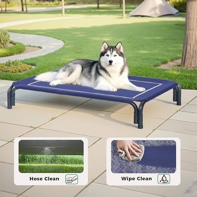 Elevated Dog Bed Raised Outdoor Dog Cot for Extra Large Dogs, Installation Requires No Tools, Frame with Washable Cooling Breathable Mesh Anti-Slip Feet, Indoor Pet Bed, Blue, 48.8 Inches