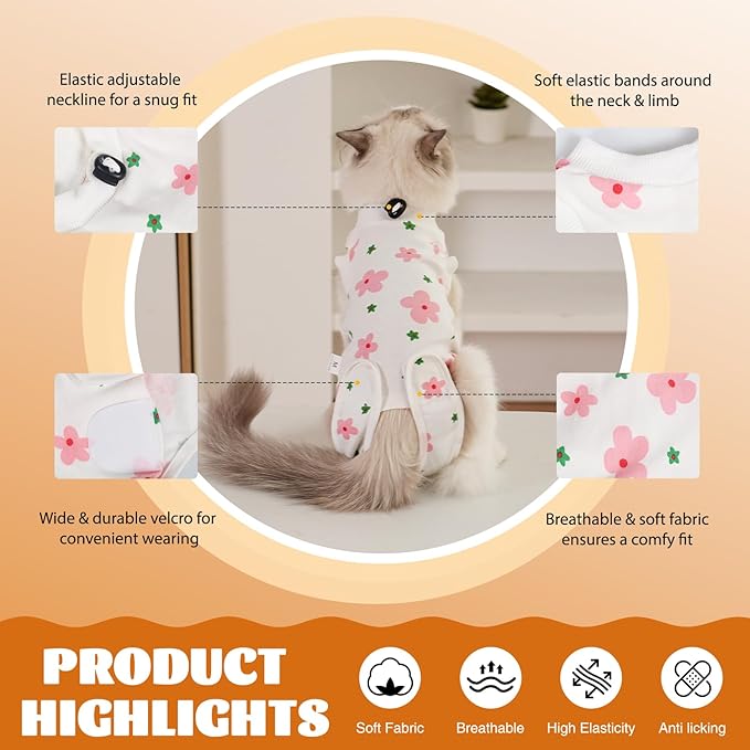 Cat Surgery Recovery Suit, Anti Licking Postoperative Onesie with Roll-Up Design, Soft Breathable Bodysuit Shirt for Female Spay Male Neuter Abdominal Wound Kitten E-Collar Cone Alternative