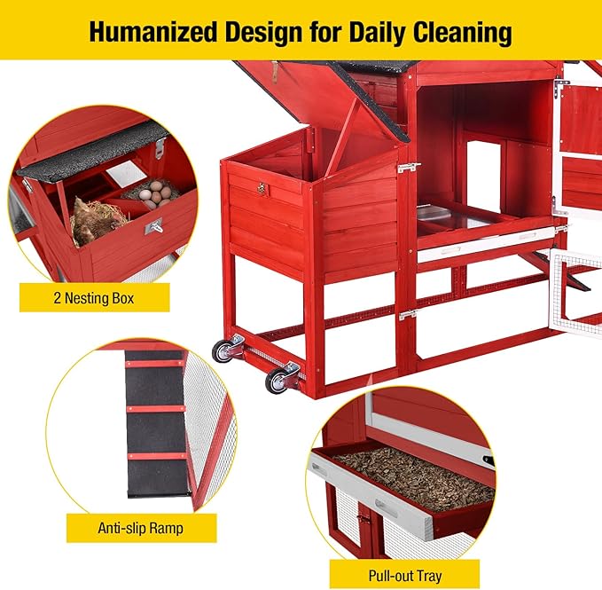 Aivituvin Chicken Coop Expandable Mobile Chicken House for Outdoor with Wheels, Nesting Box, Leakproof Pull-on Tray and UV-Resistant Roof Panel (Red)