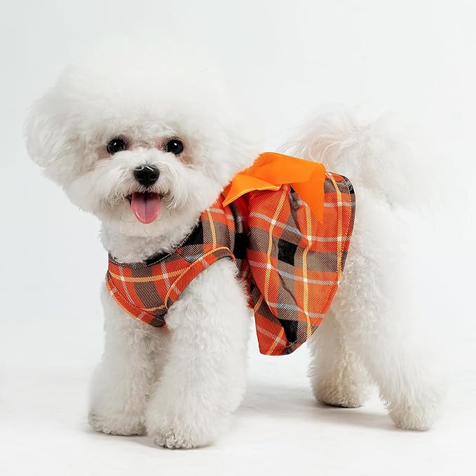 PUPTECK Plaid Fall Dog Dress Pet Apparel for Autumn with Cute Bowtie Puppy Clothes Outfit, Plaid, S