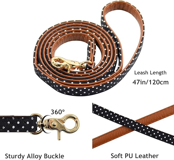 3PCS Bow Tie Dog Collar and Leash Set Plaid/Camo/Dots/Flower Dog Bandanas with Bell 3 Size Adjustable for Small Dogs Puppies and Cats (XS, Black Dots)