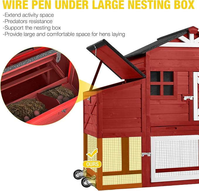 Aivituvin Chicken Coop Mobile Chicken House on Wheels, Rabbit Hutch Bunny Cage Expandable Wooden Poultry Cage with Large Nesting Box Leakproof Pull-Out Tray,UV-Resistant Roof (Red, AIR32)