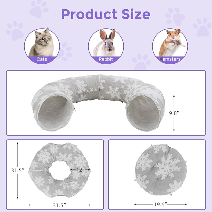 Cat Tunnel with Bed – Soft Plush Peekaboo Donut Cave for Indoor Cats | Under Christmas Tree Hideaway & Multifunctional Playground Toy for Kittens, Rabbits, Ferrets (Short-Pile Fabric Snowflake)