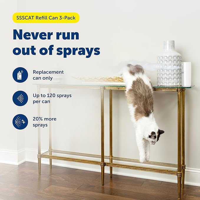 PetSafe SSSCAT Automatic Spray Pet Deterrent - Contactless Behavior Correction - Motion Sensor Air Burst - Odorless - Non-Staining - Versatile Placement Spray - Pack of 3 Refill Cans