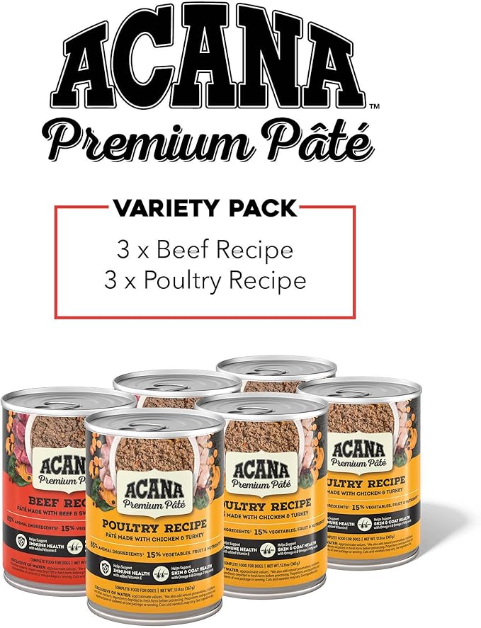 ACANA Premium Pate in Bone Broth Grain-Free Wet Dog Food Variety Pack: Beef + Poultry Recipes 12.8oz Cans (6 Count, 3 of Each)