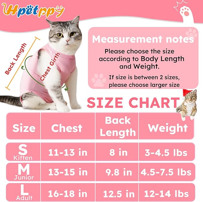 Hpetppy Cat Recovery Suit After Surgery, Breathable Cat Surgery Recovery Suit for Spay Abdominal Wounds or Skin Diseases, E-Collar Alternative Wear for Small Male Female Pets (Pink,L)
