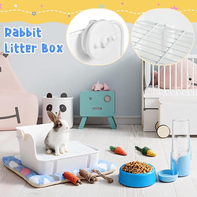 20 Pcs Rabbit Starter Kit Small Bunny Litter Box Animal Grooming Kit with Hanging Pet Bowls Water Bottle Bunny Toys Flannel Blankets with Cleaning Set for Guinea Pig Rabbit Accessories(Blue)