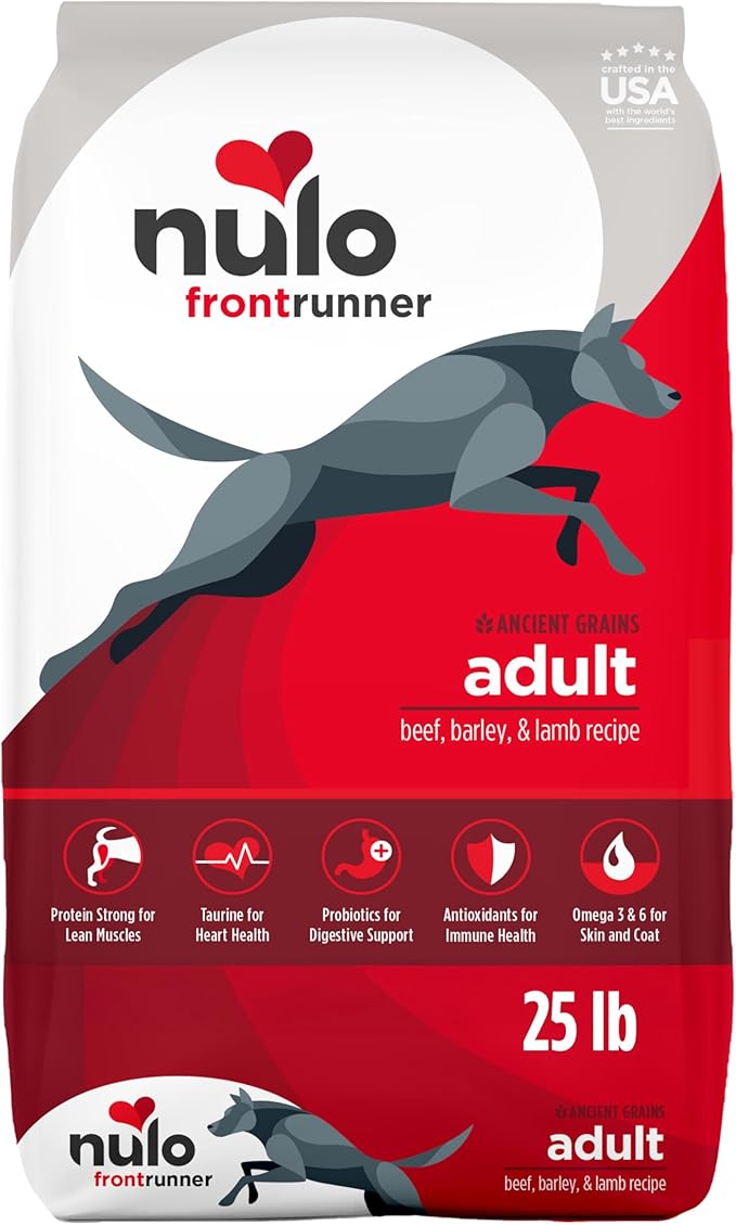 Nulo Frontrunner Dry Dog Food - Adult High-Protein Beef, Barley & Lamb Recipe, Natural Kibble with Ancient Grains, Probiotics, Taurine, Omega 3 for Small, Medium and Large Breeds, 25lb Bag