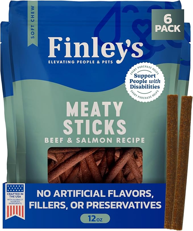 Finley's Beef & Salmon Meaty Sticks, Limited Ingredient Chicken-Free Dog Treats with Real Meat, 12oz, 6 Pack