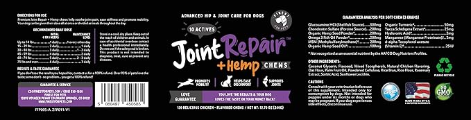 Joint Repair Dog Joint Supplement with Glucosamine for Dogs, Chondroitin, Omega 3, MSM, Hemp & Turmeric. Supports Hip & Joint Health, Mobility & New Cartilage. 120 Chicken Flavor Chews, Made in USA