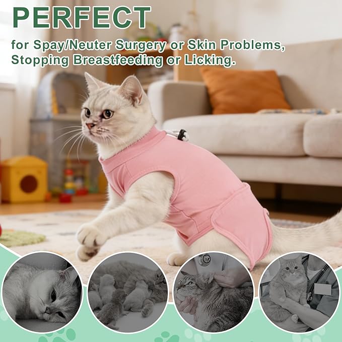 Gyuzh Cat Recovery Suit Female - Superior Comzy Cone Alternative! Breathable Onesie with Adjustable Neck, Easy Pull-On & Snap Closure. Stop Licking, Ideal for Cats & Kittens After Spay Surgery Pink M