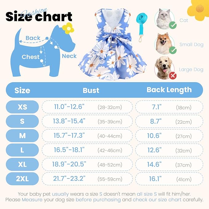 ABRRLO Cute Dog Dress Small Dog Clothes for Girls Female Puppy Outfits Blue Daisy Pet Summer Clothes Bowknot Doggy Cat Princess Dress Harness Set for Holiday Birthday Party Costume Clothing (Blue,M)