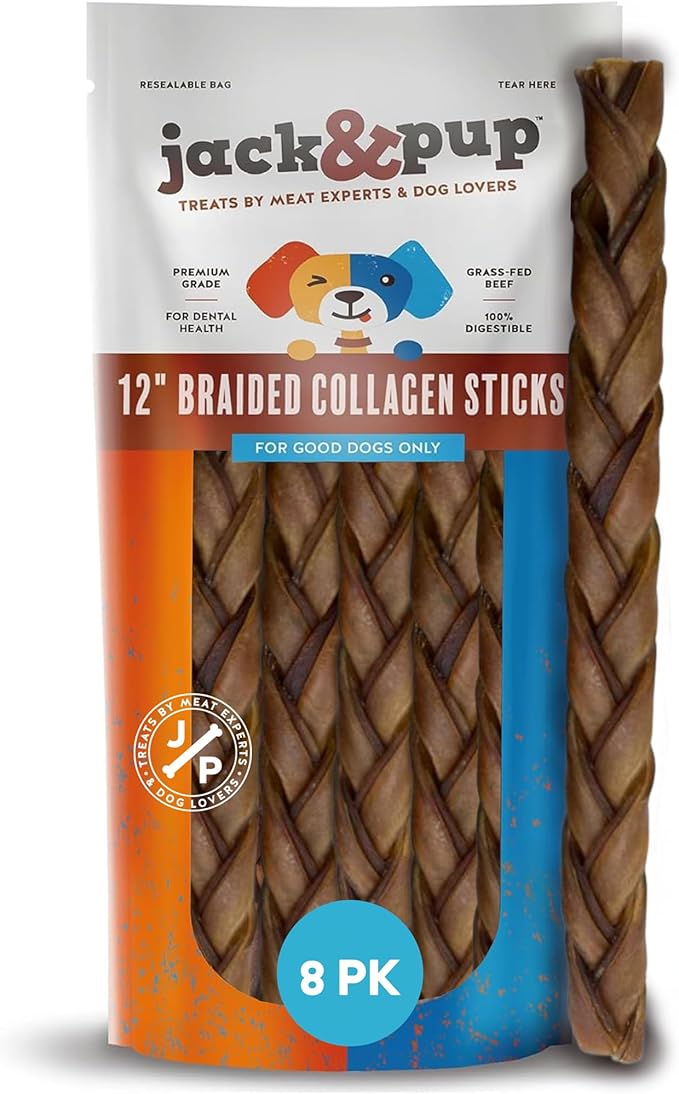 Jack&Pup 12" Braided Beef Collagen Sticks for Dogs - Rawhide Free Dog Chews Long Lasting Collagen Chews for Dogs - Bully Sticks Alternative (8 Pack)