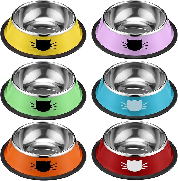 Amylove 6 Pcs Cat Bowls for Food and Water Cat Dishes Stainless Steel Pet Food Bowls 7 oz Anti Slip Metal Pet Dish with Removable Rubber Base Thick for Feeding Indoor Kitten Small Dog (Rainbow Color)