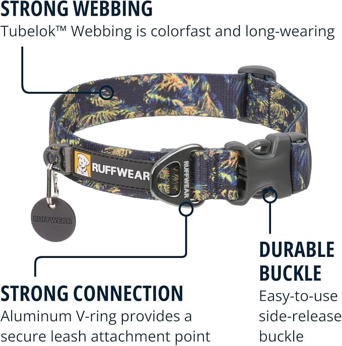 Ruffwear, Front Range Dog Collar, Adjustable Tubelok Webbing, Lightweight, Side Release Buckle, Aluminum V-Ring, Durable for Everyday Use, Deep Jungle, 11"-14"
