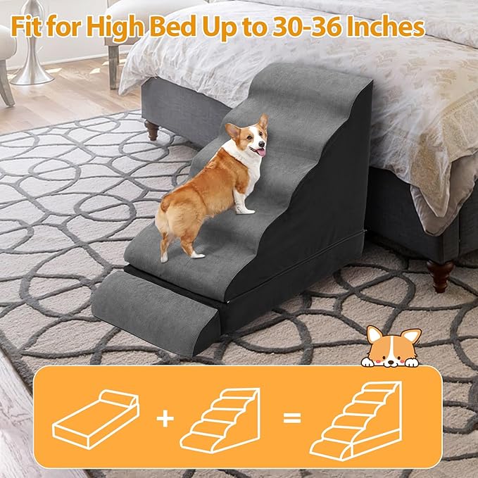 A.FATI Dog Stairs 30 Inches High for 30-36 Inch High Bed, 6-Tier 3-in-1 Foam Pet Steps with Non-Slip Bottom, Detachable Washable Cover, Dog Ramp for Small Old Short-Legged Dogs Up to 50 Lbs