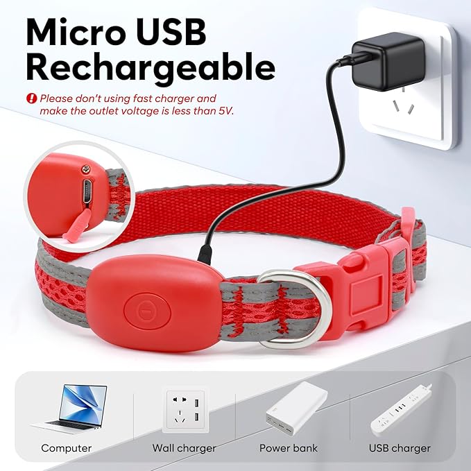 Flashseen LED Dog Collar, Light Up Dog Collar USB Rechargeable, Brightest Dog Lights for Night Walking, Adjustable Dog Collar Light for Dog Safety (Red, X-Small)