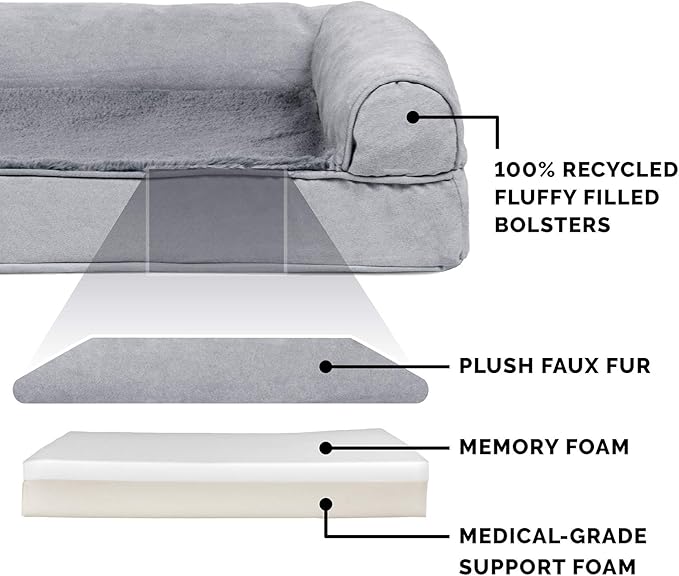 Furhaven Memory Foam Dog Bed for Medium/Small Dogs w/ Removable Bolsters & Washable Cover, For Dogs Up to 35 lbs - Plush & Suede Sofa - Gray, Medium