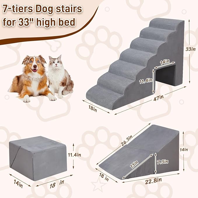 7-Step Dog Stairs for High Bed 30-36" H, Dog Steps for High Bed Couch, Pet Steps for Small, Older Pets, Non-Slip Balanced Pet Ramp Indoor, Grey