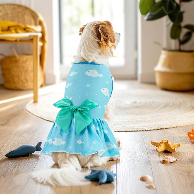 Vehomy 2-Pack Dog Summer Dress Breathable Puppy Cat Dresses with Bowknot Pet Summer Cool Outfits Skirts with Sea Fish Dolphin Patterns for Small Medium Dogs S