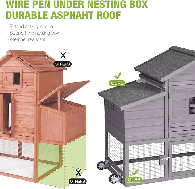 GUTINNEEN Chicken Coop with Wheels, Expandable Hen House Poultry Cage with Run, UV-Protected Roof, Divided Nesting Boxes, Easy One-Person Move, Ideal for 2 Adult Chickens or 4 Bantams, 72.3" L, Grey
