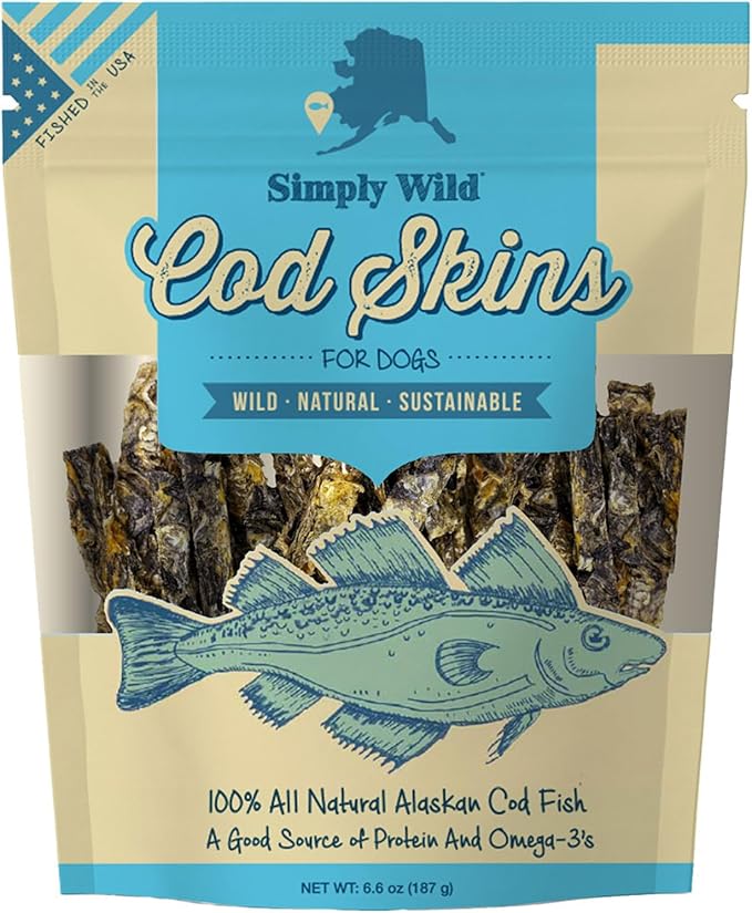 Cod Skins Alaskan Cod Fish Training Treats for Dogs-Dehydrated Fish, All Natural Human Grade Skins - Low Fat Treat Sustainably Sourced in USA (6.6 Oz)